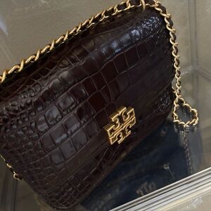 Tory Burch Dark Brown Croc-Embossed Shoulder Bag